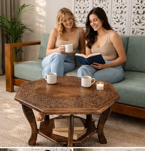 Miniatura 16 de Mesa de café rectangular de madera con talla Jali, mesa de café estilo granja, mesa rústica central, estilo de mediados de siglo, muebles rústicos
