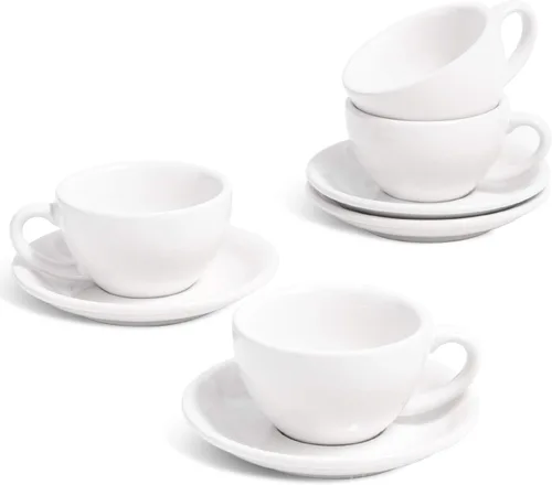 LE TAUCI Juego de 4 tazas de café de cerámica con platillos de 3 onzas con platillos y platillos Demitasse para doble chupito de expreso, Lungo,