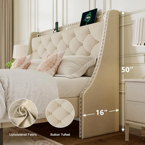 Miniatura 3 de Einhomn Base de cama de tamaño matrimonial con cabecera de almacenamiento copetuda con botones en la parte trasera y puertos tipo CA, plataforma