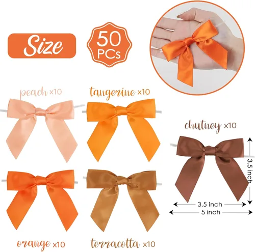Miniatura 2 de AIMUDI Lazos de otoño de 5 colores, lazos de satén de color naranja quemado prefabricados de 3.5 pulgadas para Acción de Gracias, Halloween, boda