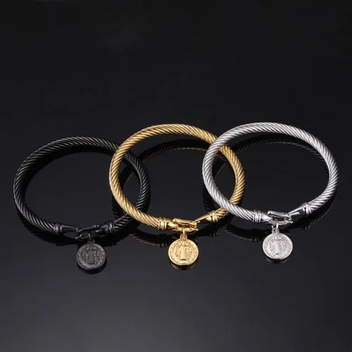 Miniatura 5 de Pulsera de acero inoxidable con dije de medalla de San Benito de Jesús San Benito, regalo de joyería religiosa