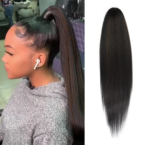 Miniatura 11 de GLAM21USA Extensión de cola de caballo recta de 28 pulgadas de largo con cordón para mujeres negras, extensión de cabello natural con clip, pieza