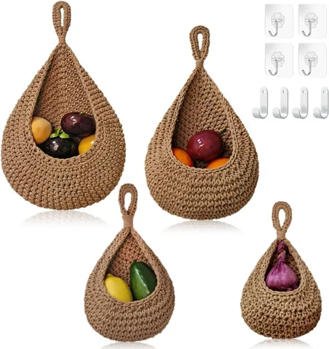 Paquete de 4 cestas colgantes de frutas para cocina, cesta bohemia para colgar en la pared con 8 ganchos fuertes, cesta colgante 100% tejida a mano