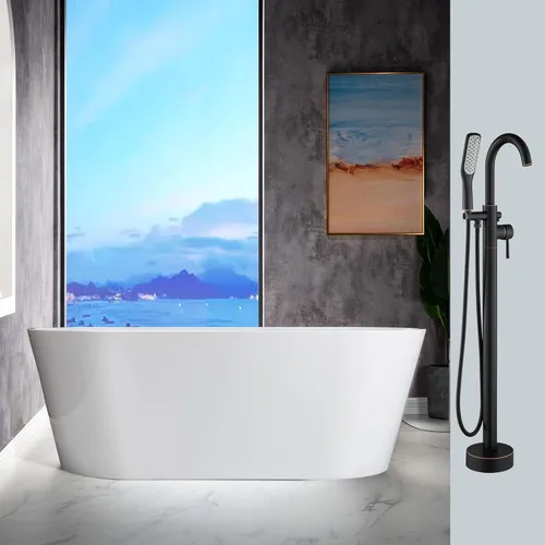 WOODBRIDGE Bañera de remojo acílica blanca independiente de 67 pulgadas con kit de drenaje y relleno de bañera de montaje en piso en ORB,