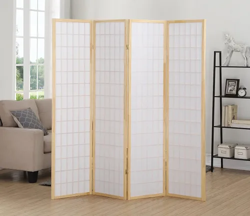 Miniatura 2 de Roundhill Furniture Oriental Shoji, divisor de habitación con pantalla de 4 paneles, natural