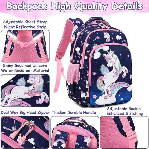 Miniatura 18 de Juego de mochila para niñas y adolescentes, mochila escolar para niños con bolsa para el almuerzo, estuche para lápices, mochilas escolares