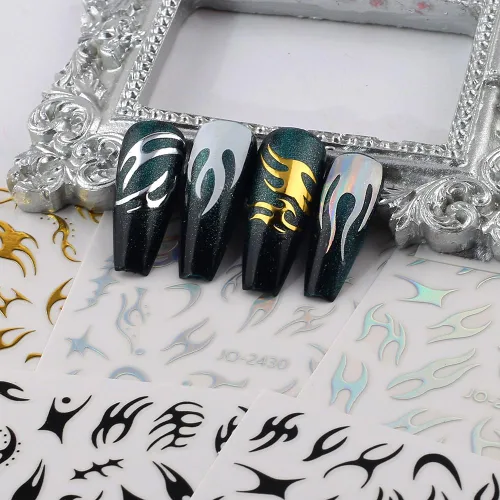 Miniatura 5 de 8 hojas de calcomanías de arte de uñas con llama irregular, plateado metálico, negro, blanco, oro, calcomanías autoadhesivas Y2k para diseño de uñas