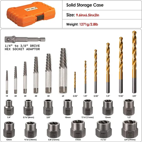 Miniatura 2 de XEWEA Juego de 26 extractores de tornillos y pernos con broca izquierda, con adaptador hexagonal, herramientas de impacto fácil de salir, removedor