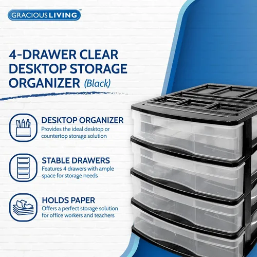 Miniatura 4 de Gracious Living Juego de cajones de escritorio y encimera de 4 cajones, organizador de escritorio de oficina de plástico, negro/transparente