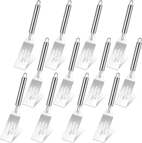 Ramede 12 espátulas pequeñas de metal de acero inoxidable ranuradas fritas de 9.84 pulgadas, utensilio de cocina antiadherente flexible para cocina,