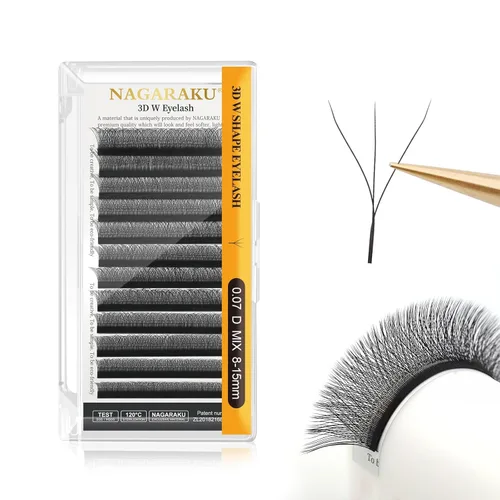 Miniatura 190 de NAGARAKU Extensiones de pestañas Double Tips 4D W, suministros con puntas dobles, gruesas con rizado D de 0.07 mm, bandeja mixta 8-15 mm, 0.07-D