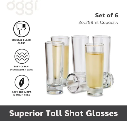 Miniatura 2 de Oggi Vasos altos con base pesada, juego de 6 vasos de chupito de vidrio real, diseño fresco y clásico, regalos ideales para padrinos de boda, vasos