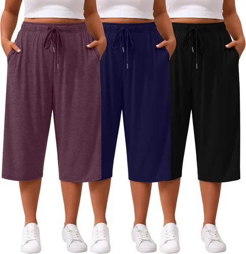 Miniatura 18 de Paquete de 3 pantalones capri de talla grande para mujer, ajuste holgado, pierna ancha, pantalones recortados para yoga, descanso, entrenamiento