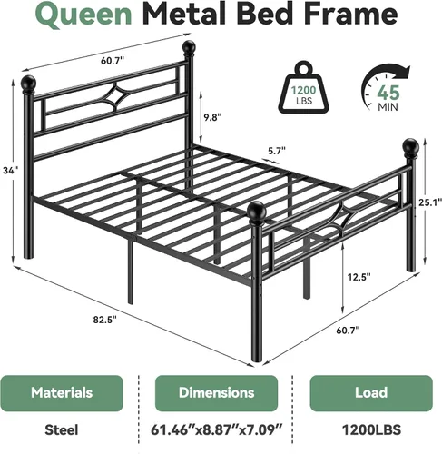 Miniatura 2 de BedsPick - Base de cama tamaño Queen con cabecera y estribo, marco de cama de plataforma de metal con esquinas redondeadas, soporte de listones