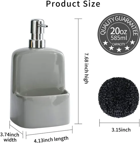 Miniatura 2 de Dispensador de jabón para platos, dispensador de jabón de cocina con soporte de esponja, dispensador de jabón de cerámica mate de 20 onzas para Gris
