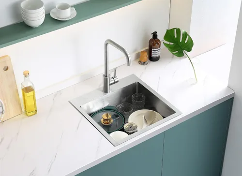 Miniatura 8 de Fregadero de cocina de 18 x 18 pulgadas, fregadero pequeño de acero inoxidable 304 con ranura de drenaje en forma de X y rejilla inferior, fregadero