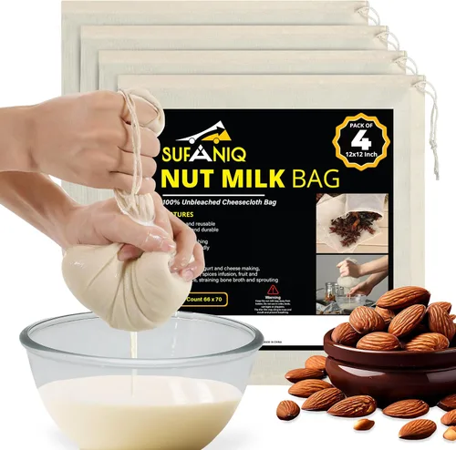 Miniatura 9 de SUFANIQ - Bolsa de leche de nueces, 2 bolsas (12 x 12 pulgadas), bolsa de tela de queso 100% algodón sin blanquear para colar, bolsa de leche