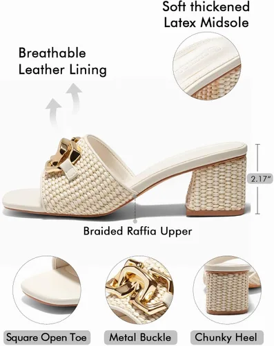 Miniatura 4 de Coutgo Sandalias de cuña con tacón grueso de rafía para mujer, con punta abierta, cuadradas, con cadena metálica, sin cordones, elegantes