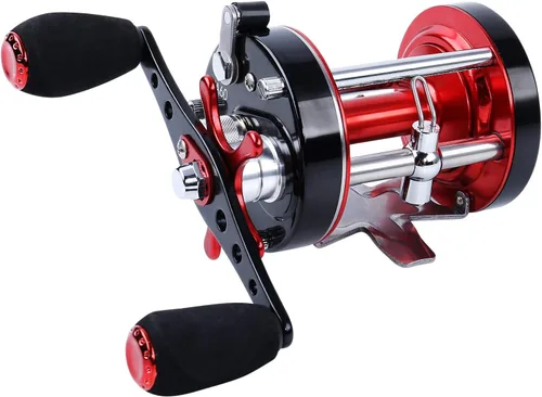 Miniatura 2 de Sougayilang - Carrete de pesca redondo, carrete convencional, cuerpo de metal reforzado y arrastre supremo de estrella Mano derecha-Rojo-Negro