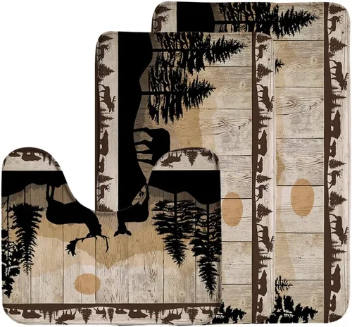 Miniatura 3 de Misty Forest Deer 2 piezas tablero de madera animales salvajes alce rústico naturaleza niebla caza cabaña árbol selva alfombra de baño en forma de U