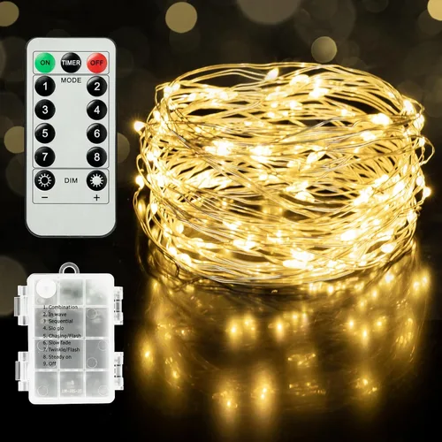 Miniatura 9 de Twinkle Star - Cadena de luces de hadas, 100 LED de 33 pies, funciona con pilas, impermeables con control remoto, temporizador y 8 modos