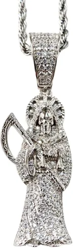 Shop-iGold Iced Santa Muerte Hombres Mujeres 925 Italia Colgante de plata helada Ice Out de acero inoxidable real 0.118in cuerda cadena, Mans