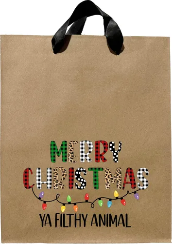 FarmedandFashioned Bolsas divertidas, Feliz Navidad Ya Filthy Animal Bolsa de regalo de tamaño mediano Kraft con asas de cinta negra, bolsa de Blanco