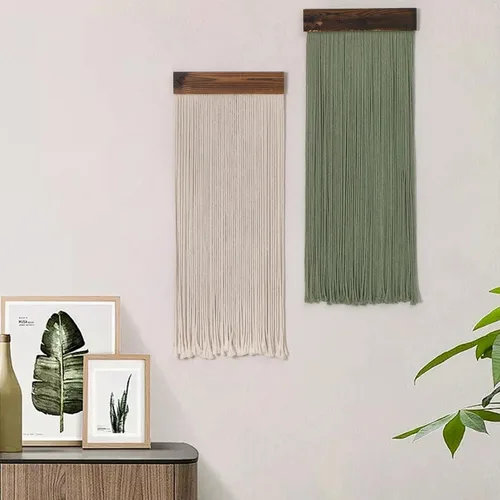 Miniatura 10 de Tapiz bohemio de macramé para colgar en la pared, tejido teñido anudado de fibra verde y blanca, hecho a mano, para colgar en la pared, grande