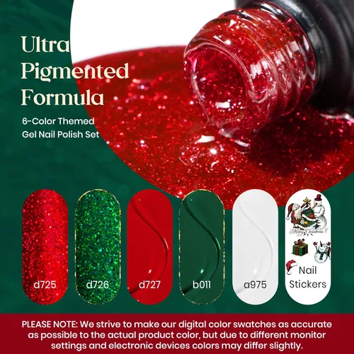 Miniatura 3 de beetles Gel Polish Set - Colección Eif, kit de esmalte de uñas de gel con purpurina roja y verde brillante, para secarse en luz UV LED, kit de uñas