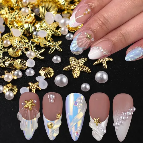 Miniatura 7 de COOSLIM 2 cajas de aretes de acero para verano, perlas de metal, gemas para uñas, conchas doradas, estrellas de mar, aleación de caballito de mar