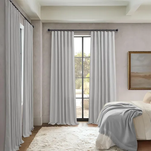 Miniatura 222 de Cortinas de lino gris claro, 2 paneles, presillas traseras, bolsillo para cortinero, semitraslúcidas, ahorran energía, estilo rústico, arpillera