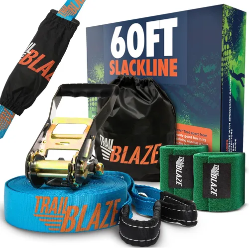Kit Completo de Slackline Ninja – Línea de slackline de 60 pies de largo para patio trasero para niños y adultos con correas de trinquete, Azul