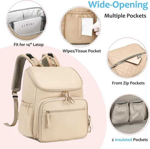 Miniatura 4 de LORADI Mochila ligera para pañales con clips para cochecito, bolsillos aislados, artículos esenciales para baby shower, color beige