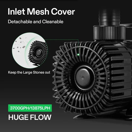 Miniatura 2 de VIVOSUN Bomba de agua sumergible de 3700 GPH con bolsa de barrera, bomba de estanque ultra silenciosa de 300 W para estanque, cascada, pecera