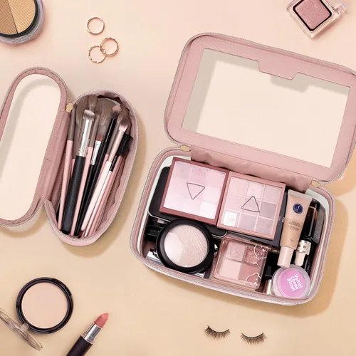 Miniatura 2 de Soimeat Bolsa de Maquillaje Transparente de Viaje con Bolsa de Brochas de Maquillaje, Estuche de Maquillaje de Cuero Bolsa de Tocador, Bolsa de Rosa
