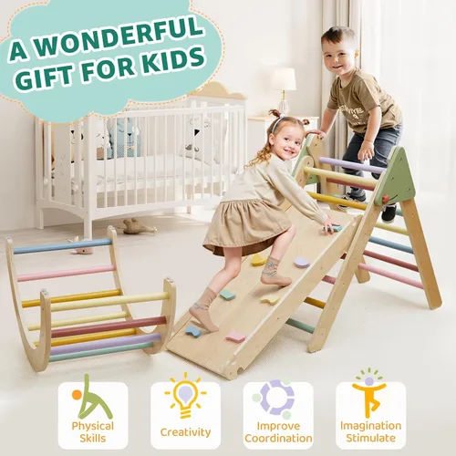 Miniatura 7 de Juego de triángulos Pikler 3 en 1, juego de juguetes de escalada triangulares Pikler para niños pequeños, juguetes de escalada de madera para niños