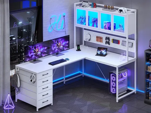 Miniatura 11 de SEDETA Escritorio Gaming en Forma de L con Cajones, Escritorio para Computadora en Forma de L con Estante Superior y Repisas de Almacenamiento