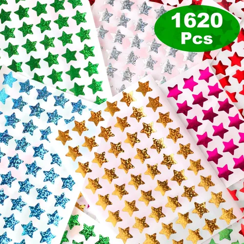 Miniatura 2 de Paquete de 1620 unidades, 6 colores, calcomanías holográficas pequeñas de estrella para recompensa de niños, tabla de comportamiento, suministros