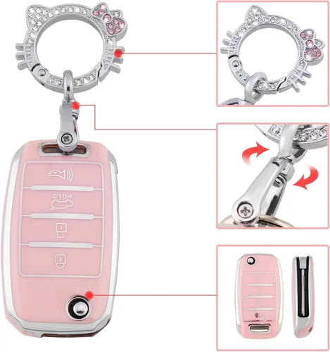 Miniatura 4 de Pangpai - Funda para llave de Kia en color rosa, funda de protección de TPU suave con llavero brillante compatible con Kia Sedona Rio Optima Soul