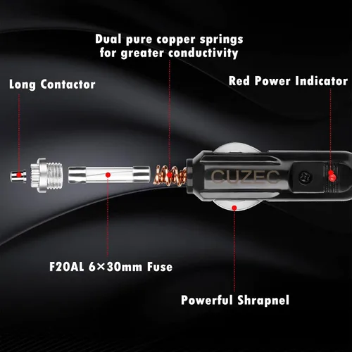 Miniatura 2 de CUZEC Cable de carga de enchufe de encendedor de cigarrillos macho a macho, 20A, 5.3 pies / 5.2 ft, 14 AWG macho a macho, con indicador LED
