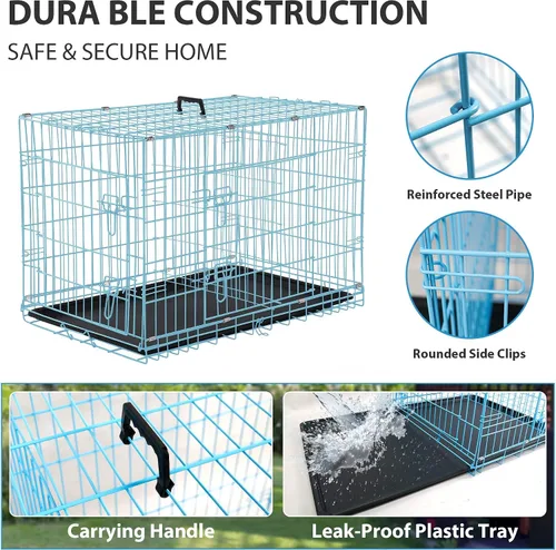 Miniatura 4 de Jaulas de 42 pulgadas para perros medianos, jaulas grandes para perros para viajes/interior/exterior, jaula plegable de metal con panel divisor, Azul