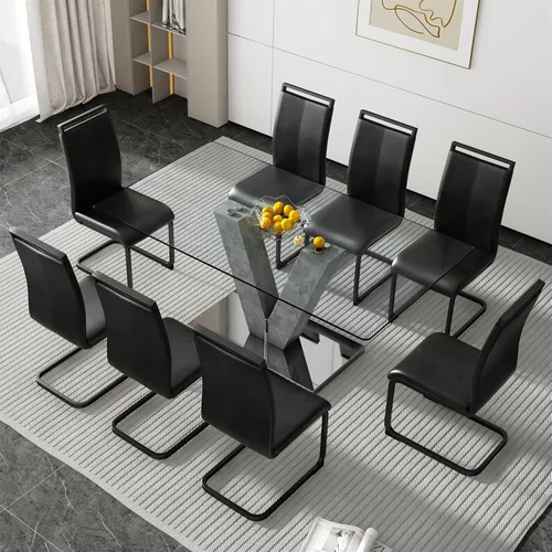 Miniatura 32 de Juego de mesa de comedor de vidrio de 71 pulgadas para 6, juego de mesa de comedor para 6, mesa de cocina moderna y 6 sillas de PU, parte superior 6