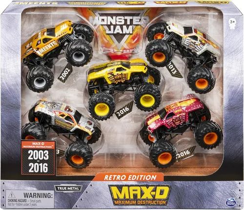 Monster Jam, Edición Retro Oficial Max-D Paquete de 5 Camiones Monstruo a Escala 1:64, Juguetes para Niños y Niñas de 3 Años en Adelante