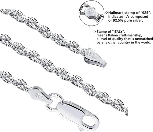 Miniatura 2 de Savlano Collar de plata de ley 925 de 0.236 in con cuerda italiana maciza de corte de diamante, con caja de regalo para hombres y mujeres, fabricado