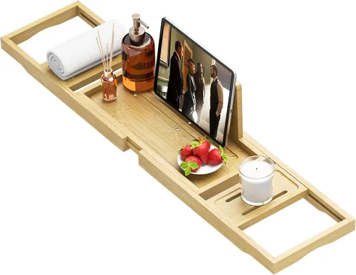 Bandeja de bañera de alta calidad – Bandejas de baño de madera de bambú expandibles para bañera – Bandeja de mesa de bañera para bañera/bañera,