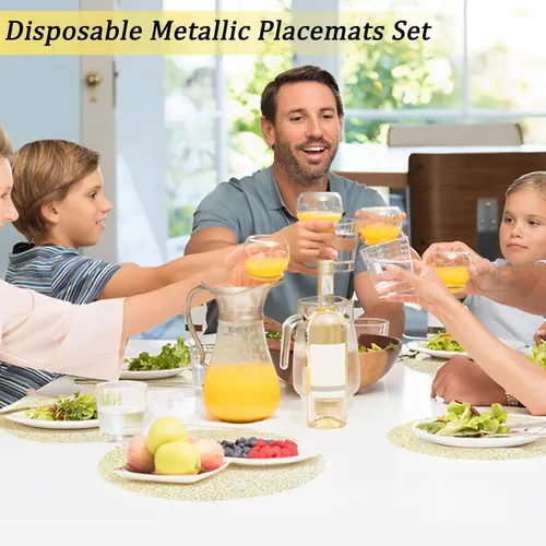 Miniatura 6 de Hysenm Juego de 100 manteles individuales desechables dorados metálicos redondos de 13 pulgadas de malla prensada, tapetes desechables ultrafinos