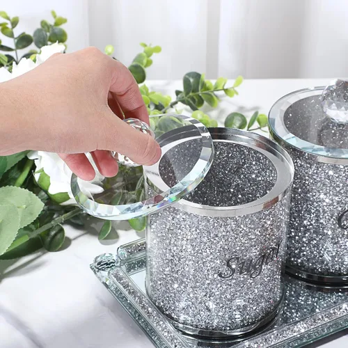 Miniatura 4 de JUXYES Juego de 4 recipientes de cristal chispeante con diamantes triturados para azúcar, café y té, incluye bandeja, lujosos recipientes