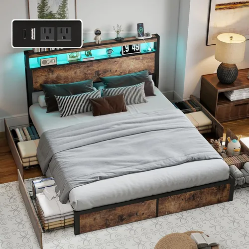 Miniatura 8 de Full Bed Frame with 2-Tier Storage Headboard and 4 Drawers, Metal Platform Bed Frame with LED & Charging Station, No Box Spring Needed/Noise