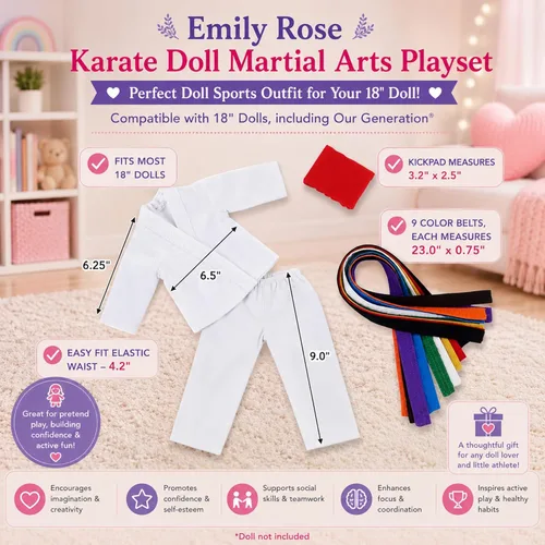 Miniatura 4 de Emily Rose - Conjunto de 11 piezas de ropa y accesorios para muñecas de taekwondo de artes marciales de 18 pulgadas con 9 cinturones
