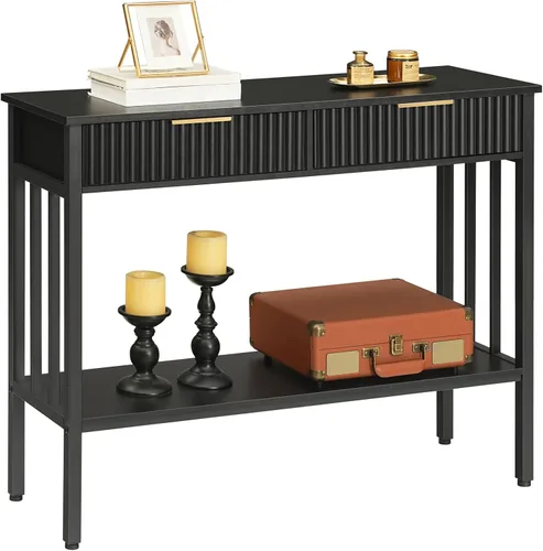 Miniatura 9 de MAHANCRIS Mesa consola, mesa de entrada larga estrecha con estante de almacenamiento, mesa de entrada acanalada de 2 niveles con 2 cajones